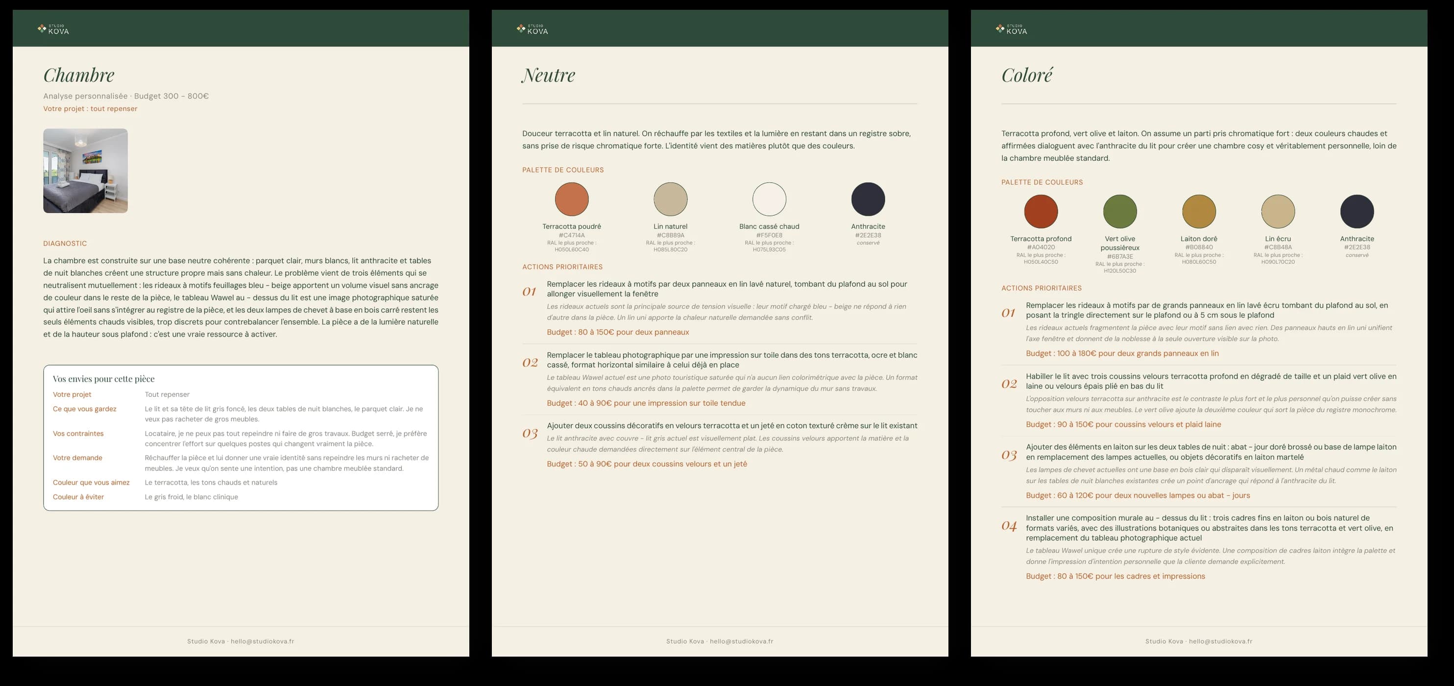 Exemple de livrable PDF Studio Kova - analyse déco chambre